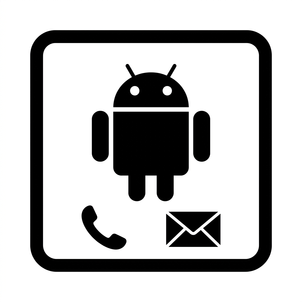 Piktogram przedstawiający biały kafelek z czarną sylwetką robota Android, słuchawką telefonu oraz zamkniętą kopertą wiadomości