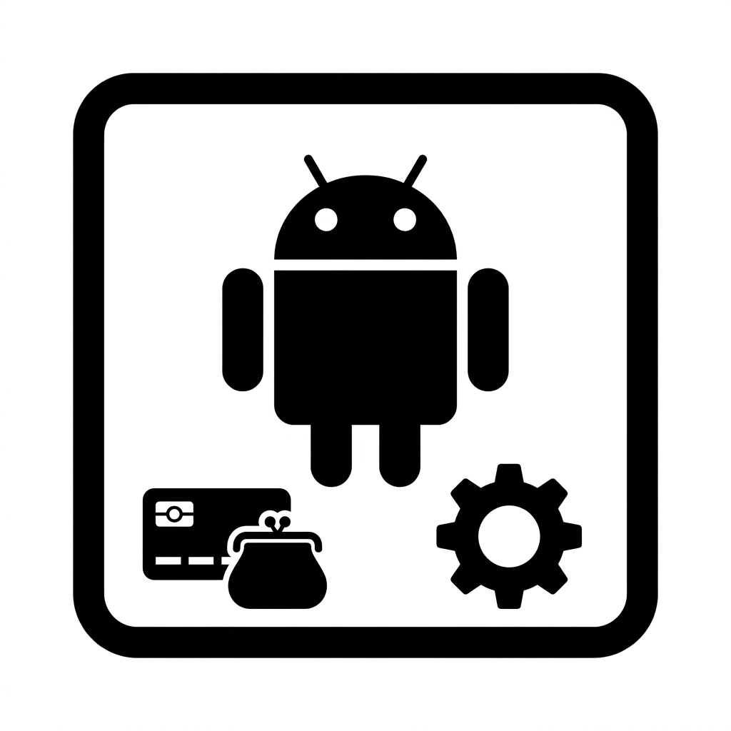 Piktogram przedstawiający biały kafelek z czarną sylwetką robota Android, kartą płatniczą oraz kołem zębatym ustawień