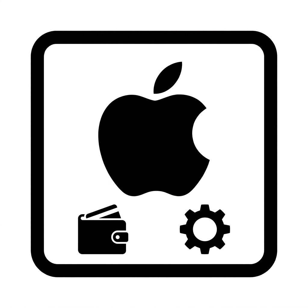 Piktogram przedstawiający biały kafelek z czarnym nadgryzionym jabłkiem Apple, kartą płatniczą oraz kołem zębatym ustawień
